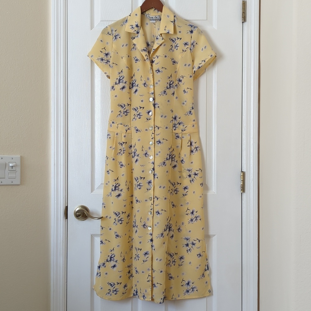 Christy Lyn 90's Vintage Floral Short Sleeve Button Front Midi Dress Yellow 4 - Picture 1 of 14